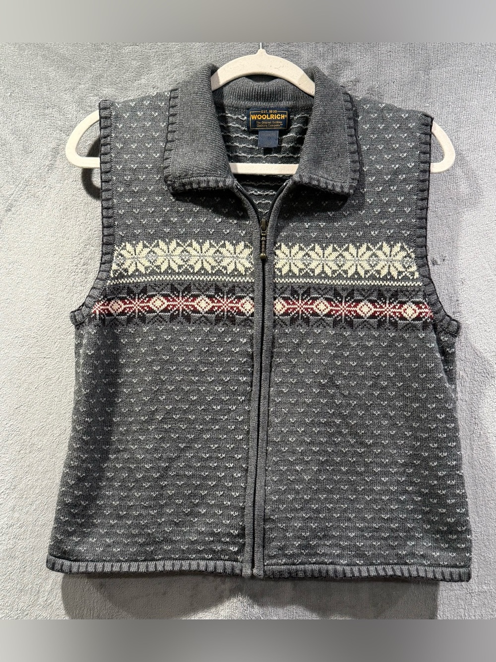 Woolrich Fair Isle Knit Heather Grey Sweater Vest Size L VTG 90s Full Zip